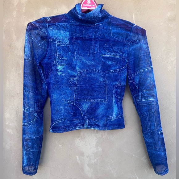 Nasty Gal Collection Sheer Long Sleeve Jean Print Top size 6 - Picture 7 of 7